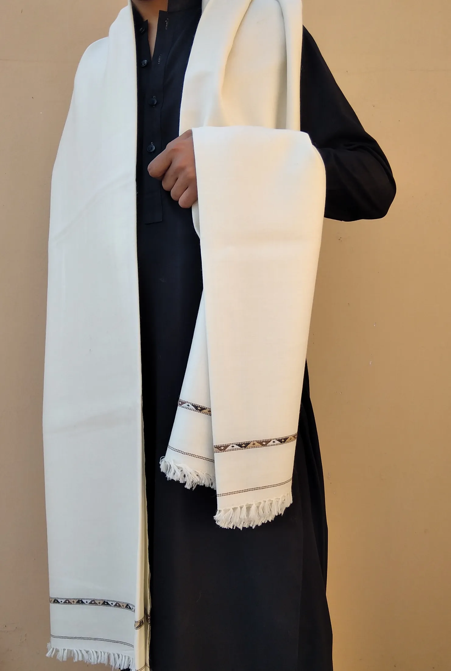 Kashmiri Dhussa & Pashmina Wool Shawl For Men (White-Black-Brown)