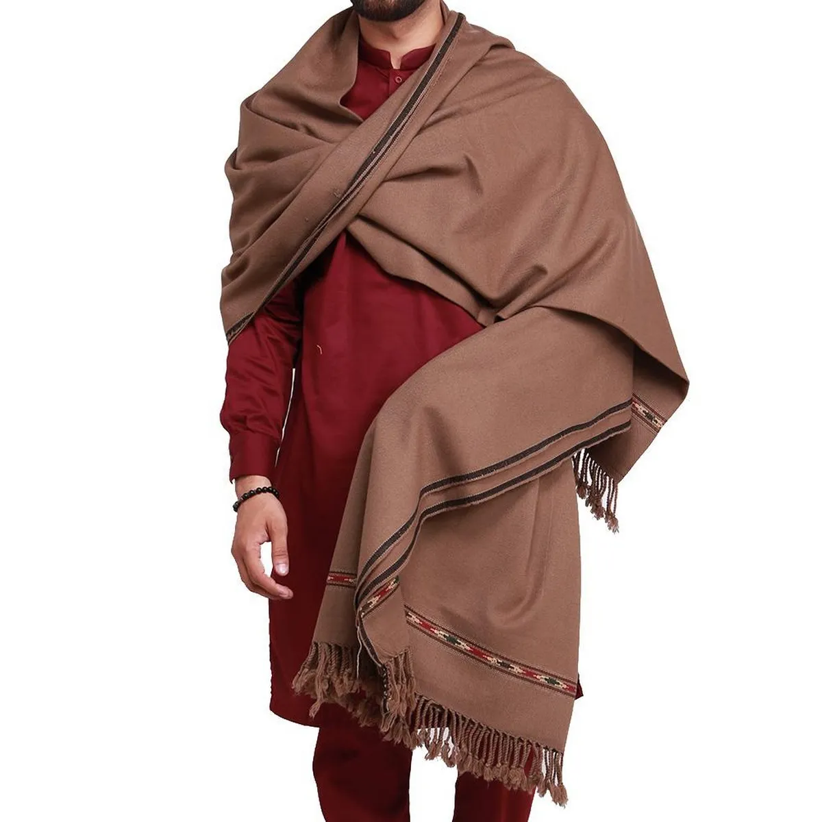 Kashmiri Dhussa & Pashmina Wool Shawl For Men (White-Black-Brown) - Image 4